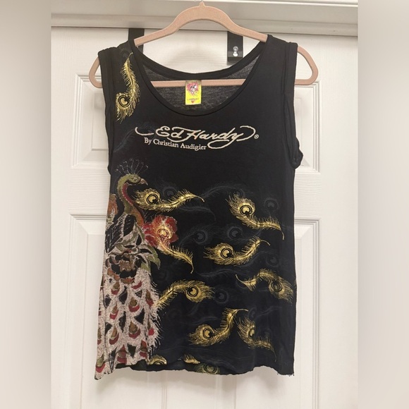 Ed Hardy Tops - Ed Hardy Vintage Y2K Women’s Black Peacock Print Sleeveless Top Size Small